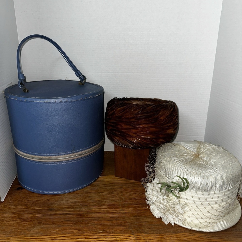 2 Vintage Hats Soft Brown Feathers & White w/Net - Blue Hat Carrier NOT Included